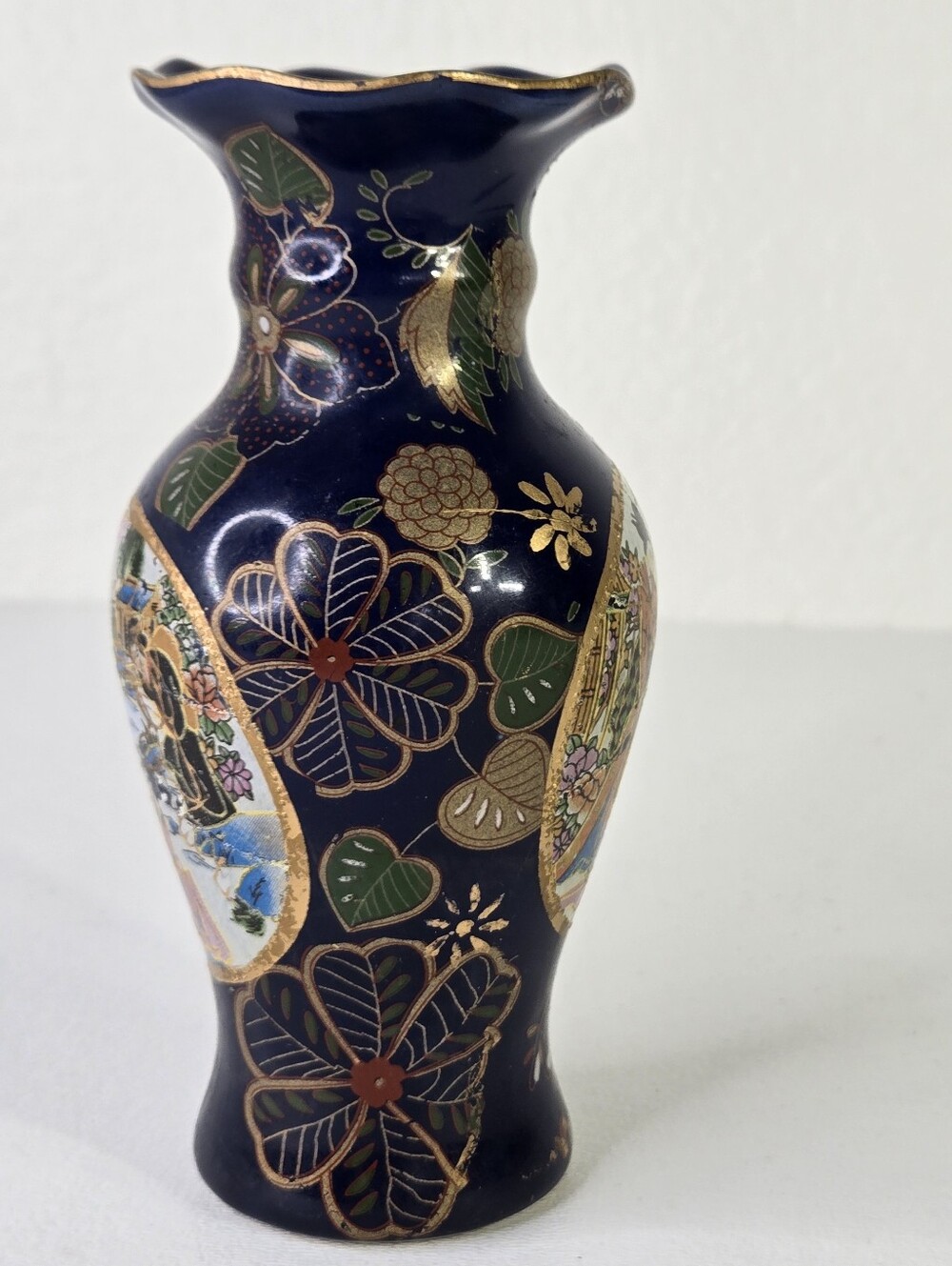 VTG Japanese Satsuma Style Vase Cobalt Blue Gold Hand Painted Geisha Moriage‎ - Picture 11 of 17
